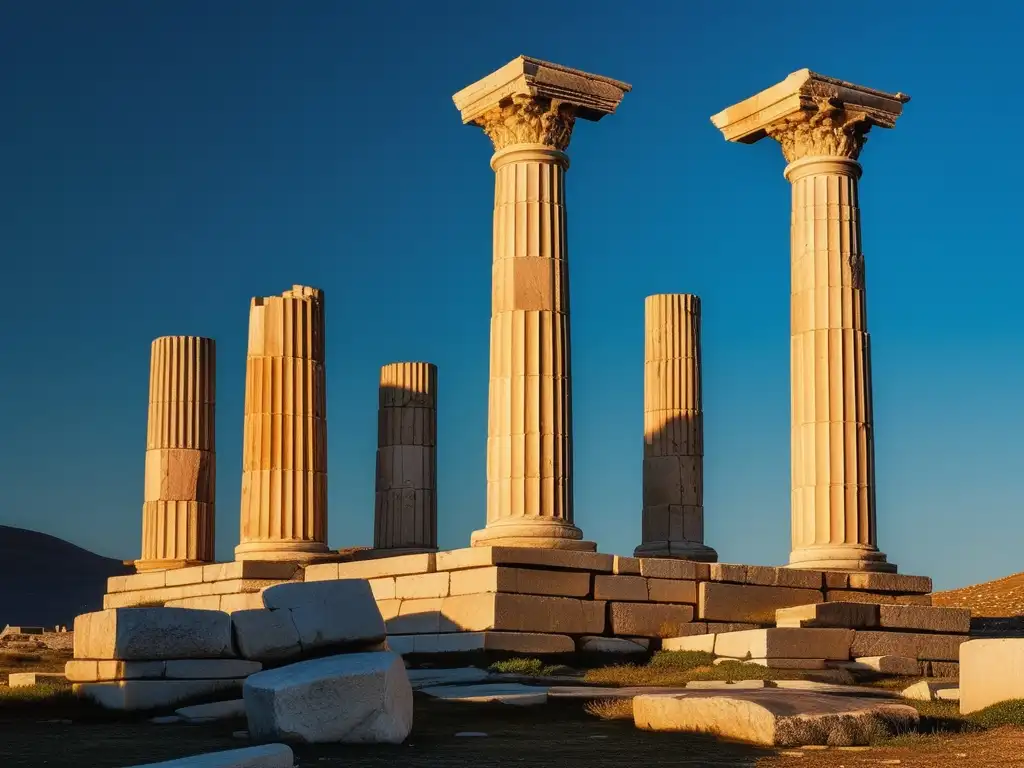 Historia virtual de las ruinas de Delos al atardecer