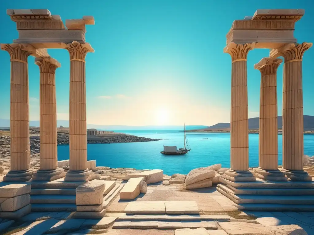 Historia virtual de las ruinas de Delos: imagen 8k detallada de paisaje soleado con templo majestuoso, ruinas y mar turquesa