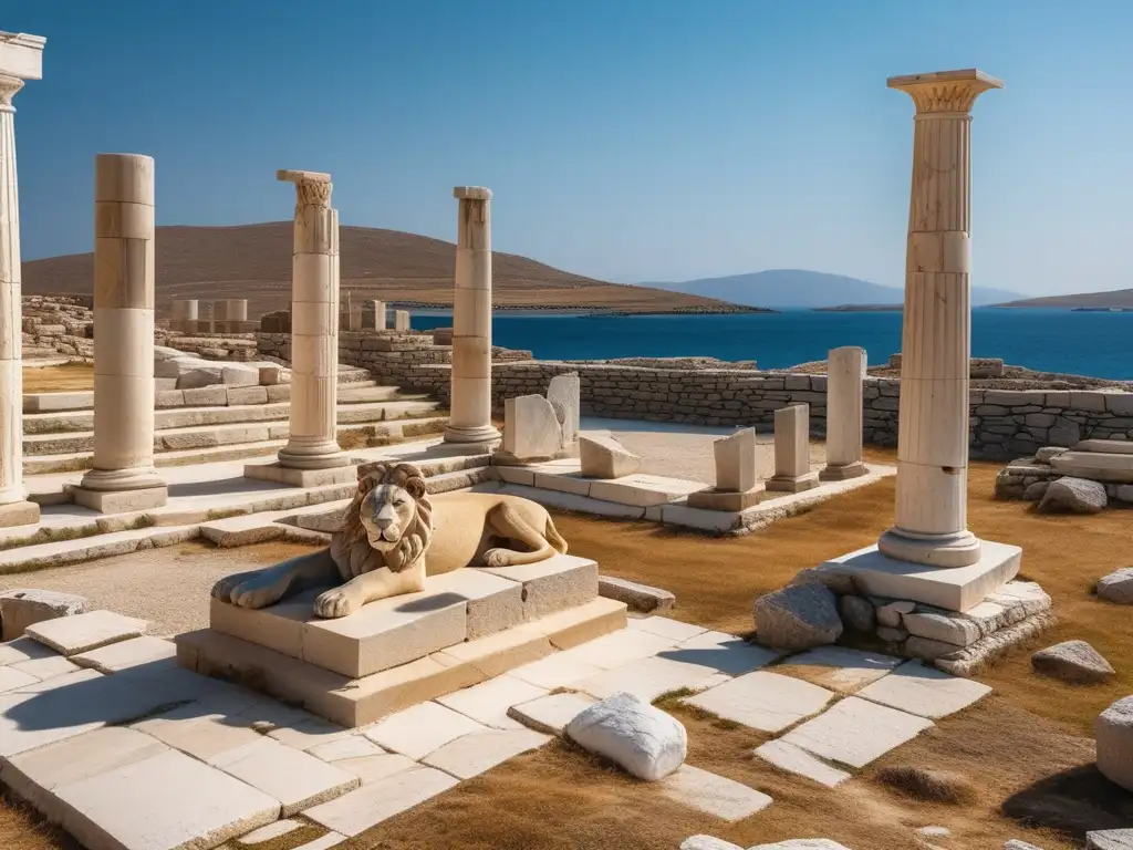 Delos, ombligo sagrado de Grecia: ruinas antiguas en una imagen 8k ultradetallada que muestra la grandiosidad y magnificencia del sitio arqueológico