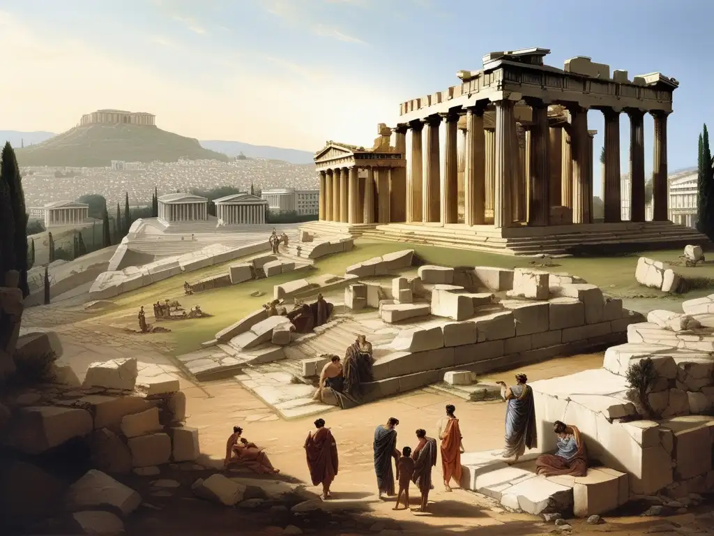 Impacto educación pedagogía griega: Ruinas de Atenas, estatua filósofo en decadencia, Parthenon cubierto vegetación, melancolía introspectiva