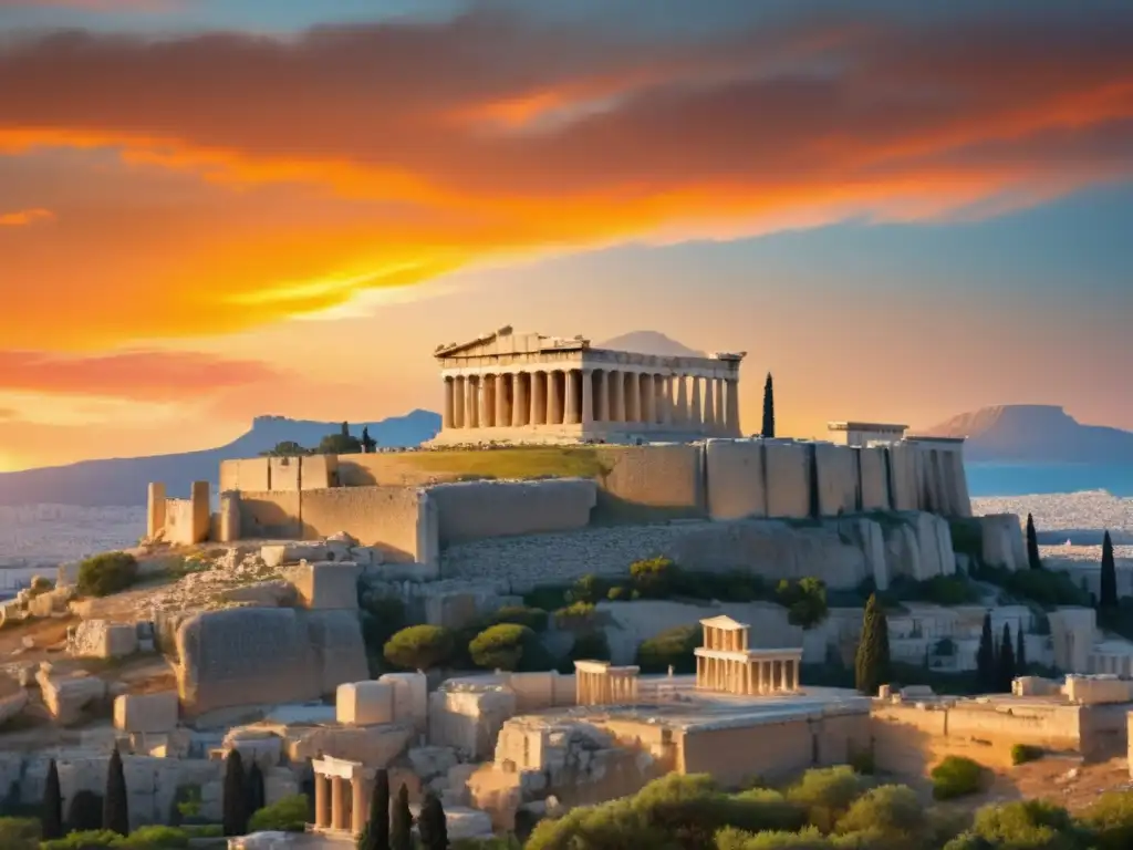 Acropolis al atardecer: majestuoso y sereno Ruinas de la Acrópolis en Atenas, Grecia: Origen de la democracia en Grecia