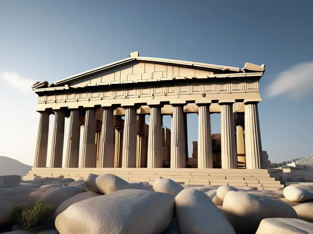 Técnicas cimentación Grecia: Ruinas Parthenon, símbolo arquitectura griega, con detalles fotorealistas y minimalistas