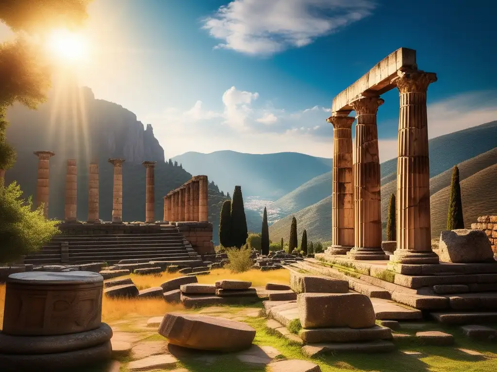 Importancia del oráculo de Delfos en Grecia: Ruinas del Templo de Apolo en Delphi, rodeado de vegetación exuberante, con figura admirando