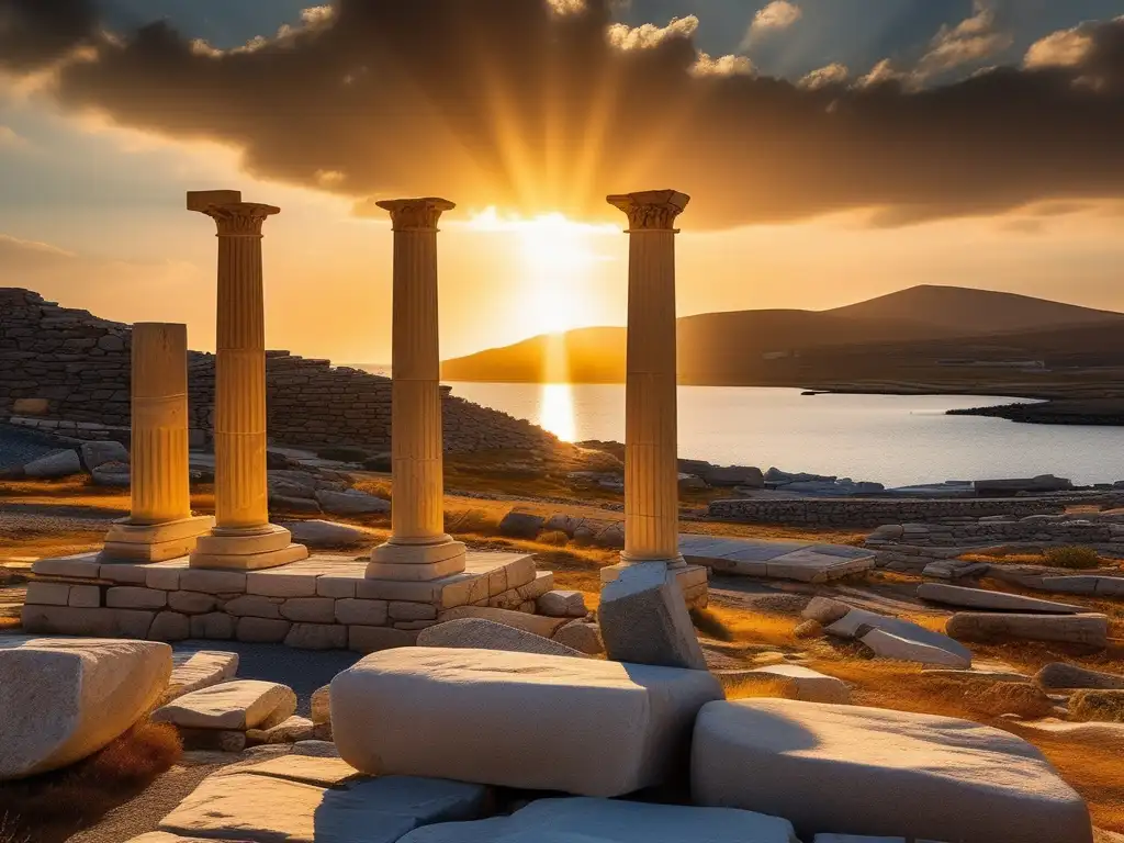 Importancia de la arquitectura en Delos: ruinas antiguas bañadas por el sol al atardecer