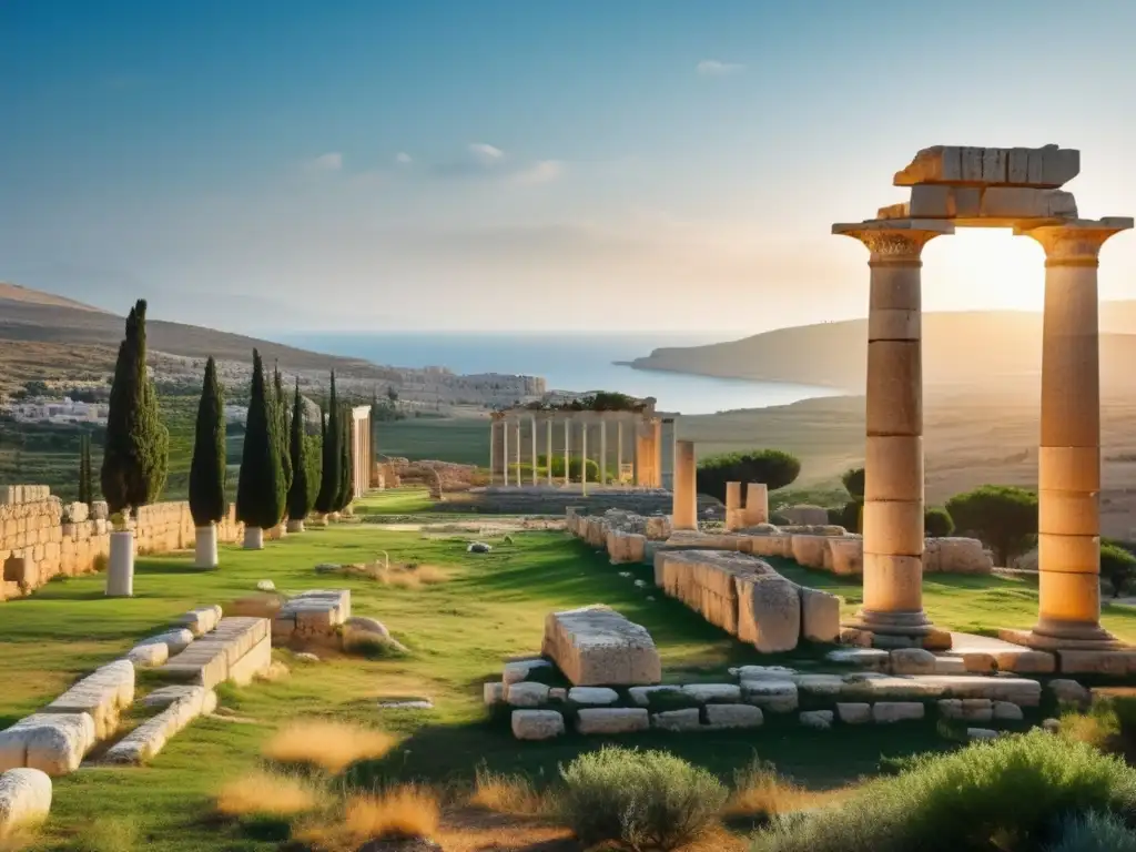 Antigua colonia griega en Libia: ruinas de Cyrene, paisaje soleado con colinas verdes y columnas de mármol grandiosas