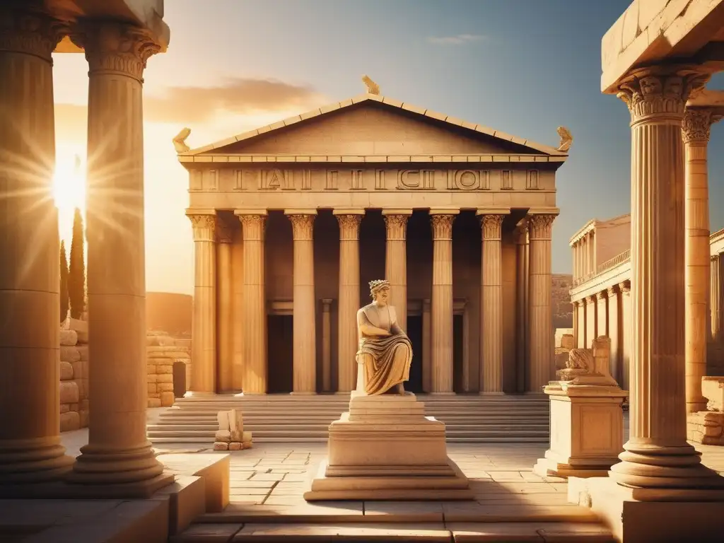 Impacto económico de la esclavitud en la Antigua Grecia: Ruinas de un mercado griego con estatua de filósofo, columnas y mar Egeo