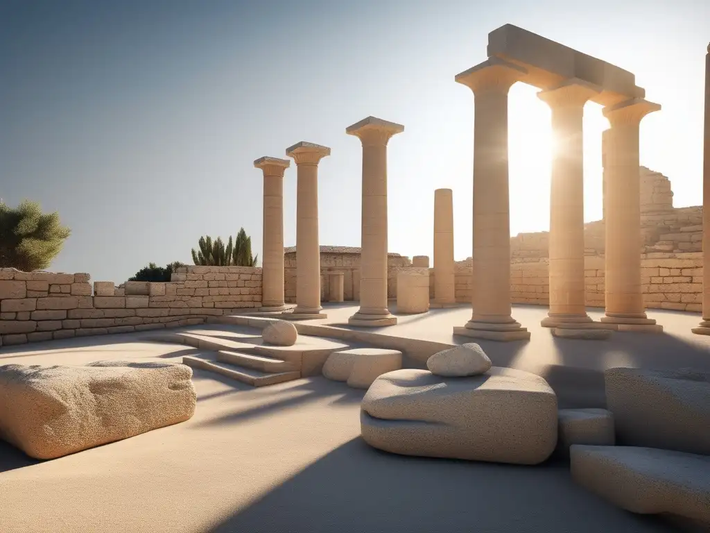 Influencia griega en colonia egipcia Naucratis: ruinas arqueológicas minimalistas con detalles arquitectónicos