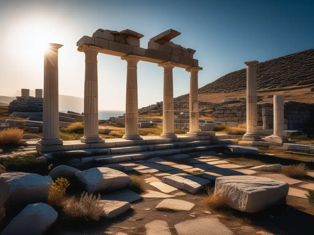 Ruinas de la antigua ciudad de Delos, misteriosa y abandonada