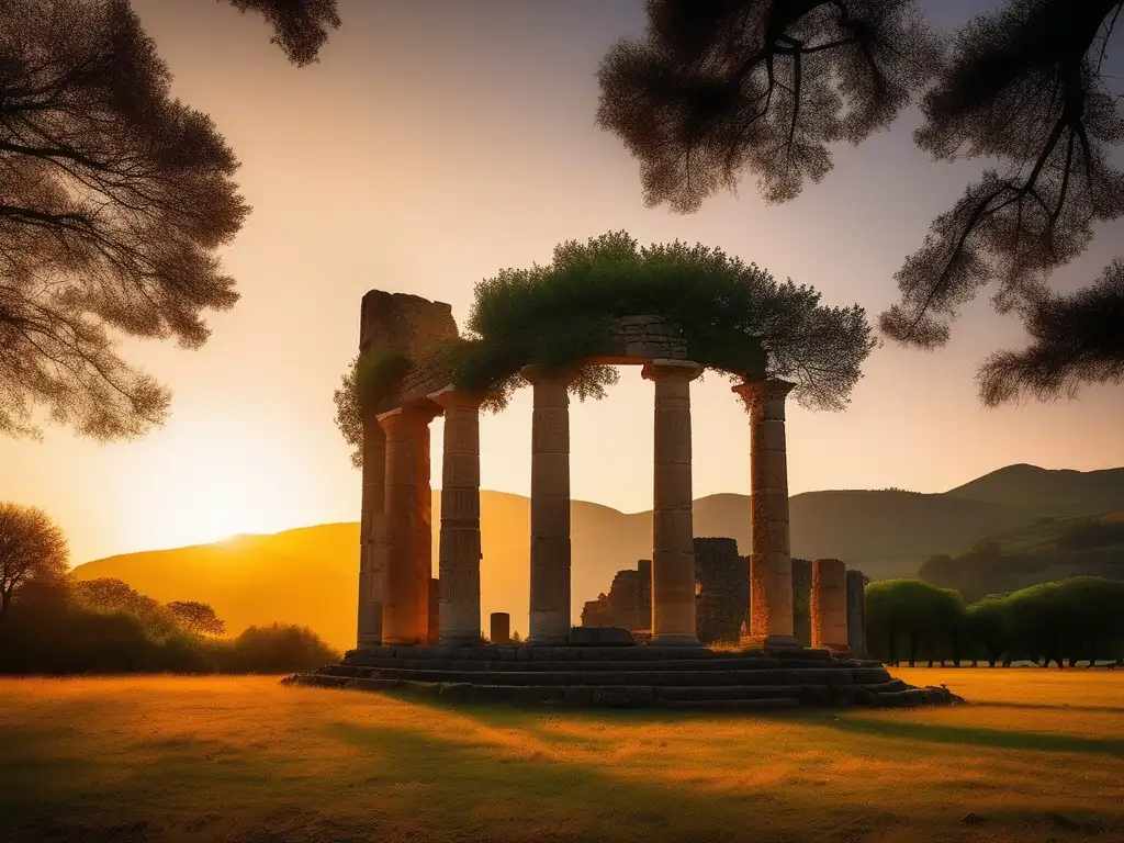 Profecías misteriosas Oráculo Dódona: Ruinas antiguas bañadas por la luz dorada del atardecer, rodeadas de serenidad y majestuosos árboles