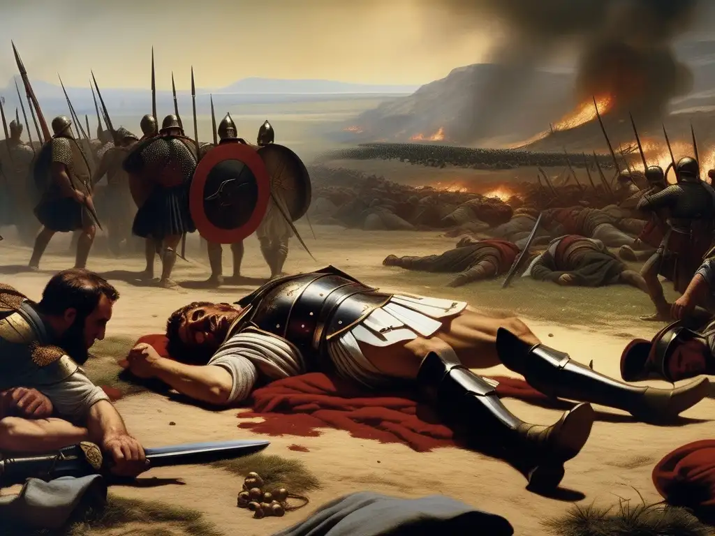 Consecuencias humanas de la guerra en la antigua Grecia: soldado herido y caos devastador
