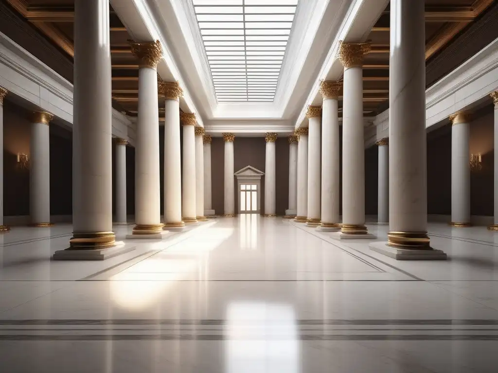 Salón grandioso con columnas de mármol, luz natural, mesa circular y sillas vacías - Papel del Consejo de Ancianos en Grecia