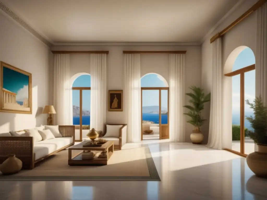 Sala de estar griega antigua Decoración hogar antiguo griego: sala amplia, suelos y paredes de mármol blanco