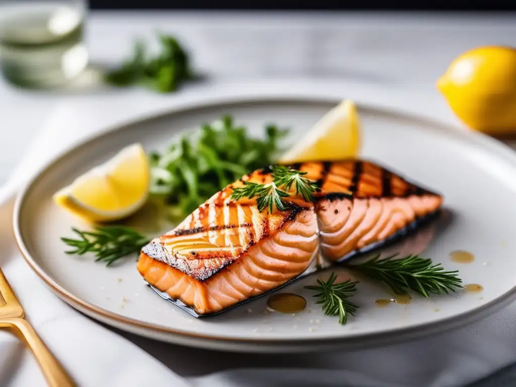 Plato de salmón a la parrilla con hierbas frescas y jugo de limón: Beneficios de la dieta griega con pescado