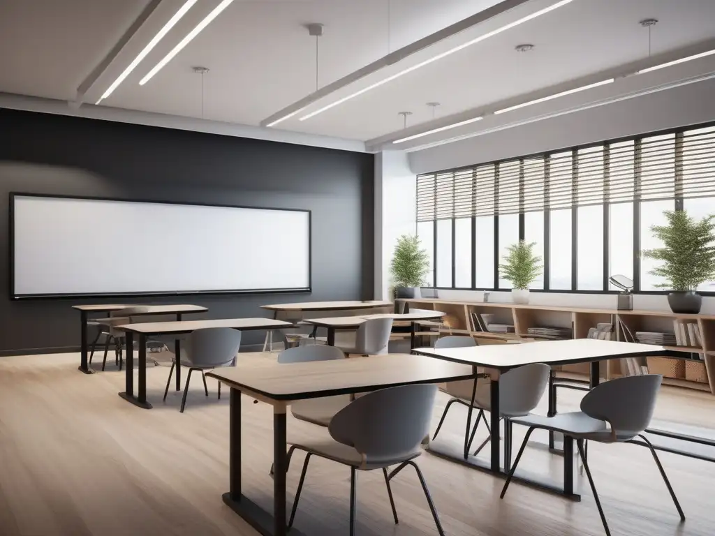 Aula moderna del Liceo de Aristóteles: diseño minimalista, luz natural, mobiliario ergonómico y tecnología educativa