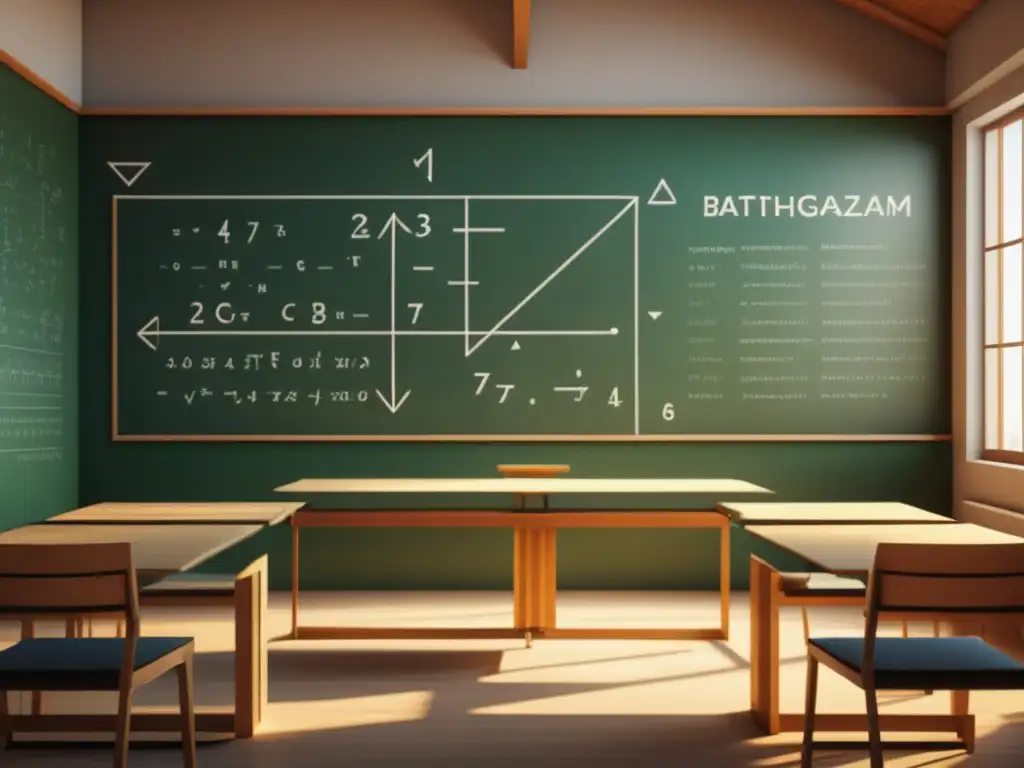 Aula minimalista con geometría y símbolos matemáticos, reflejando la filosofía pitagórica y la relevancia en la educación (110 caracteres)