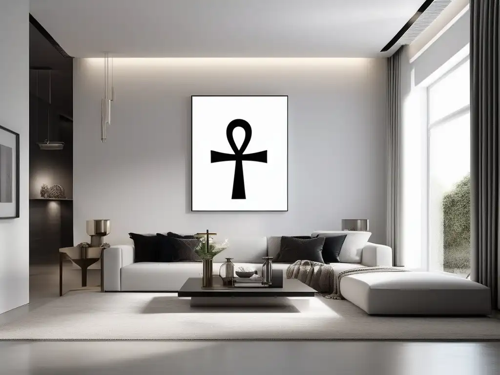 Sala de estar moderna con decoración minimalista, destacando el símbolo Ankh como amuleto de vida antiguo