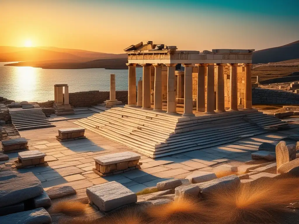 El santuario de Delos: Rituales y creencias antiguas en un atardecer mágico