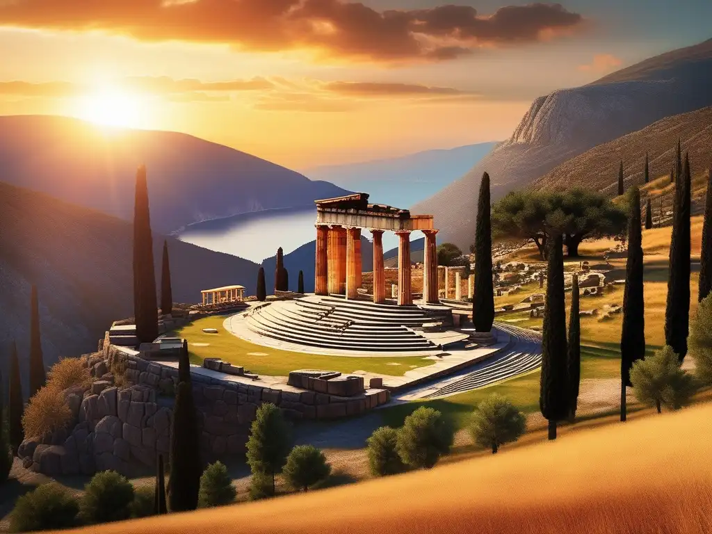 Importancia del Santuario de Delfos en la Antigua Grecia: Vista serena del majestuoso Santuario de Delphi al atardecer