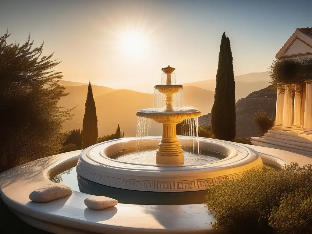 Ritos de purificación en Grecia Antigua - Escena serena y minimalista de un santuario griego bañado en suave luz dorada