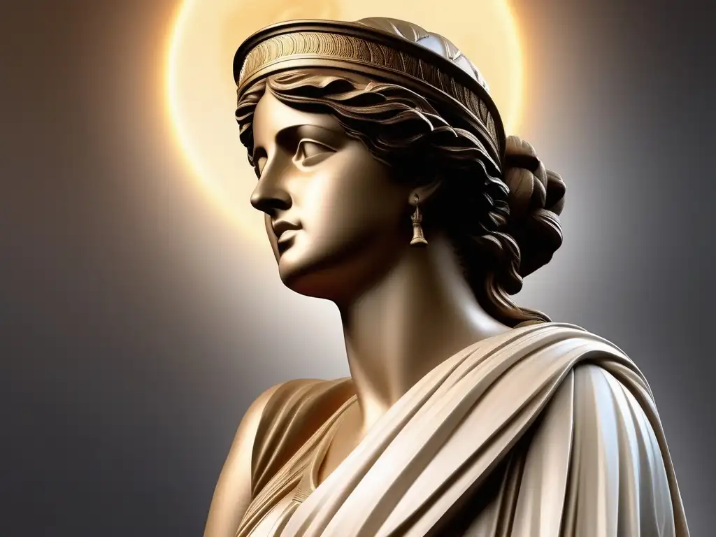 Retrato impactante de la poeta griega antigua Sappho, en un estilo fotorealista con fondo minimalista