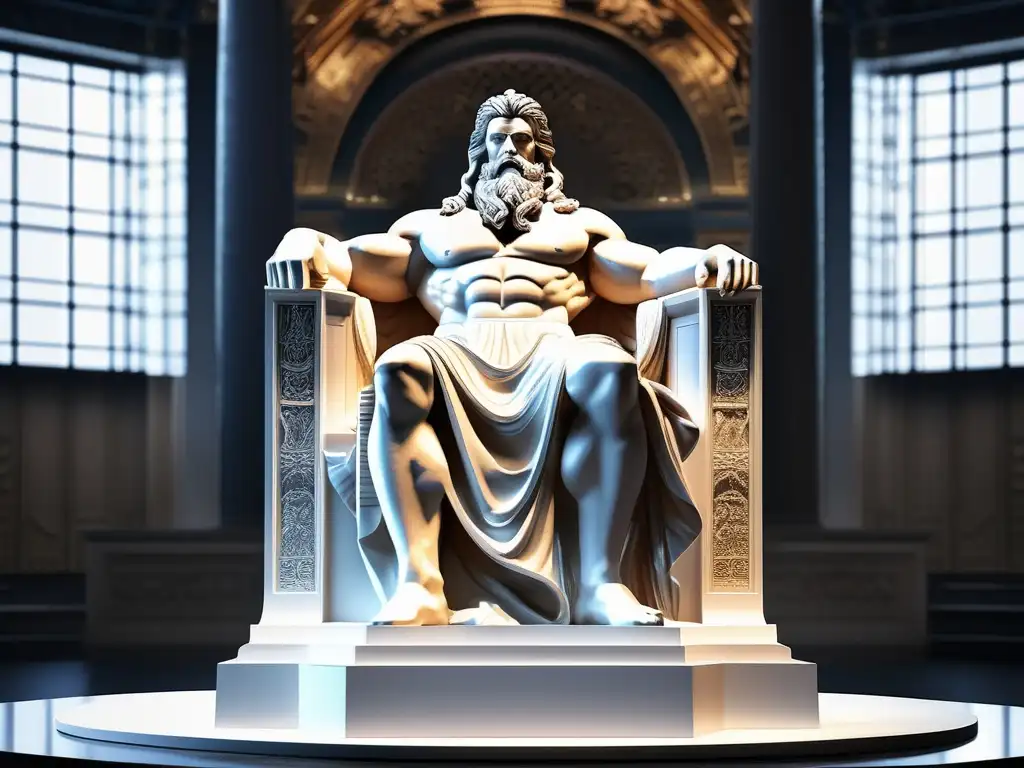 Escultura majestuosa de Zeus en trono, representando la historia y mitología griega