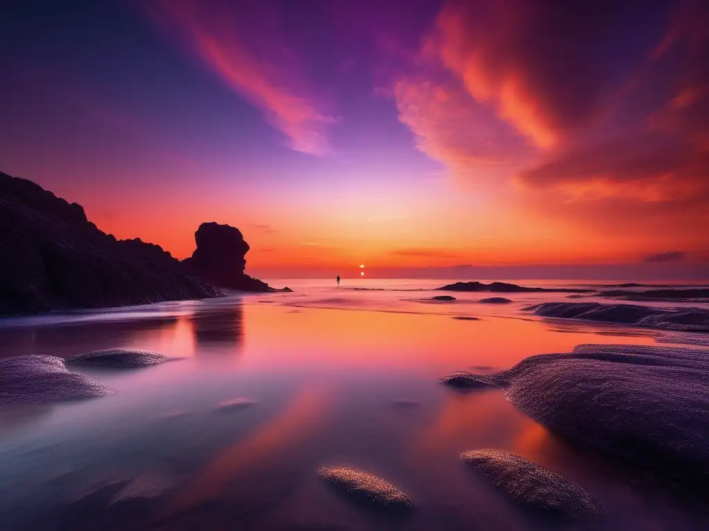 Impresionante imagen 8K de paisaje marino al atardecer con cielo naranja y púrpura reflejado en el mar