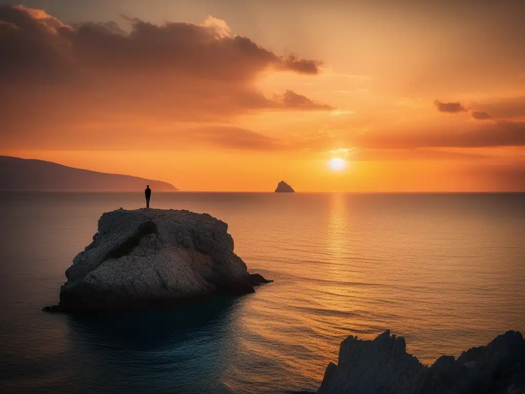 Testimonio histórico Guerra Peloponeso, paisaje marino con figura solitaria y atuendo griego, reflejando belleza natural