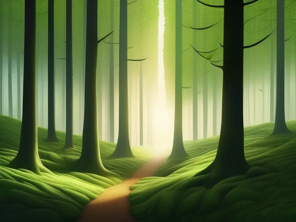 Paisaje sereno y minimalista con sendero en bosque, árboles altos, luz solar, musgo verde y rocas dispersas