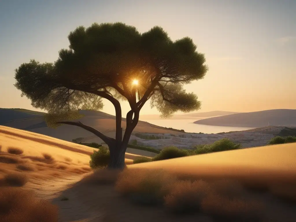 Influencia de Safo de Lesbos en literatura griega antigua: paisaje sereno con árbol solitario, colinas verdes y cielo pastel