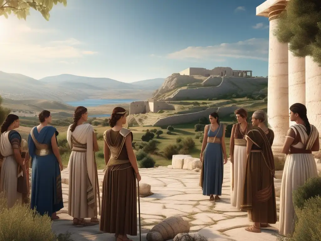 Mujeres en la guerra antigua Grecia: paisaje 8k ultradetallado muestra mujeres griegas en actividades bélicas y estratégicas