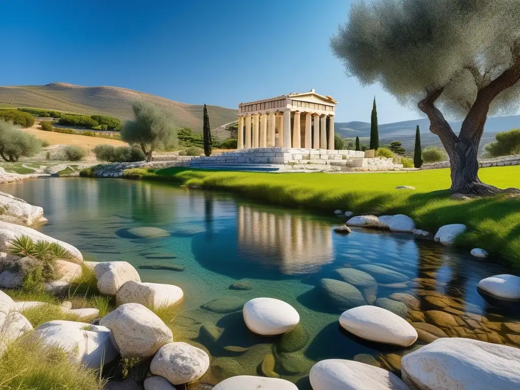 Paisaje griego con colinas verdes, arboles de olivo, arroyo cristalino y templo griego adornado con esculturas de mitología y filosofía