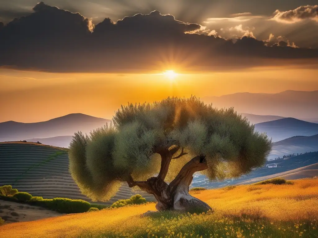 Paisaje sereno en Grecia: colinas verdes, montañas majestuosas, olivo antiguo y abejas sagradas de Artemisa