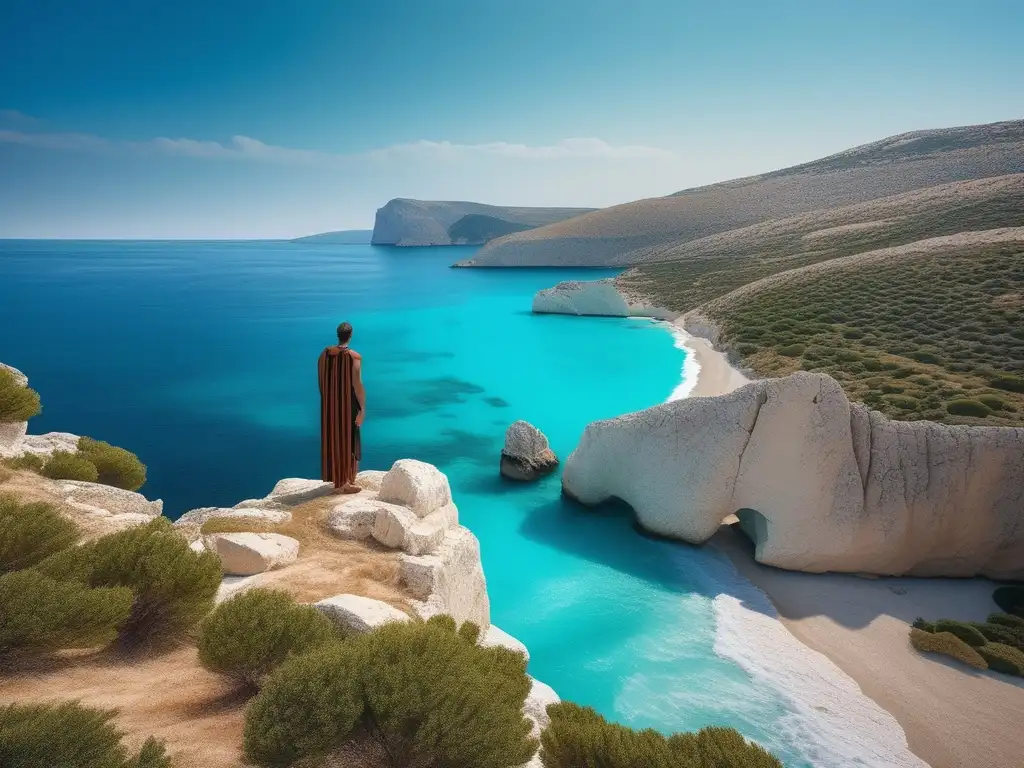 Paisaje costero sereno en la Antigua Grecia con revolución geográfica