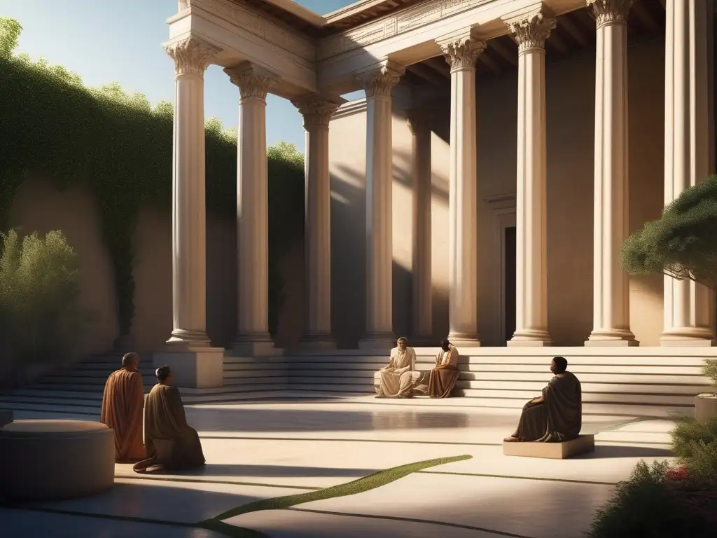 Courtyard griego antiguo: filósofos discutiendo y enseñando didáctica práctica (110 caracteres)