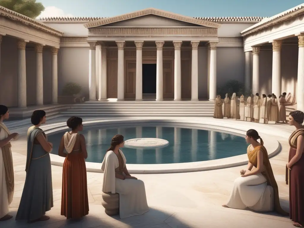 Mujer en la Antigua Grecia: Roles y jerarquías, imagen de un tranquilo patio con mujeres en diversas actividades