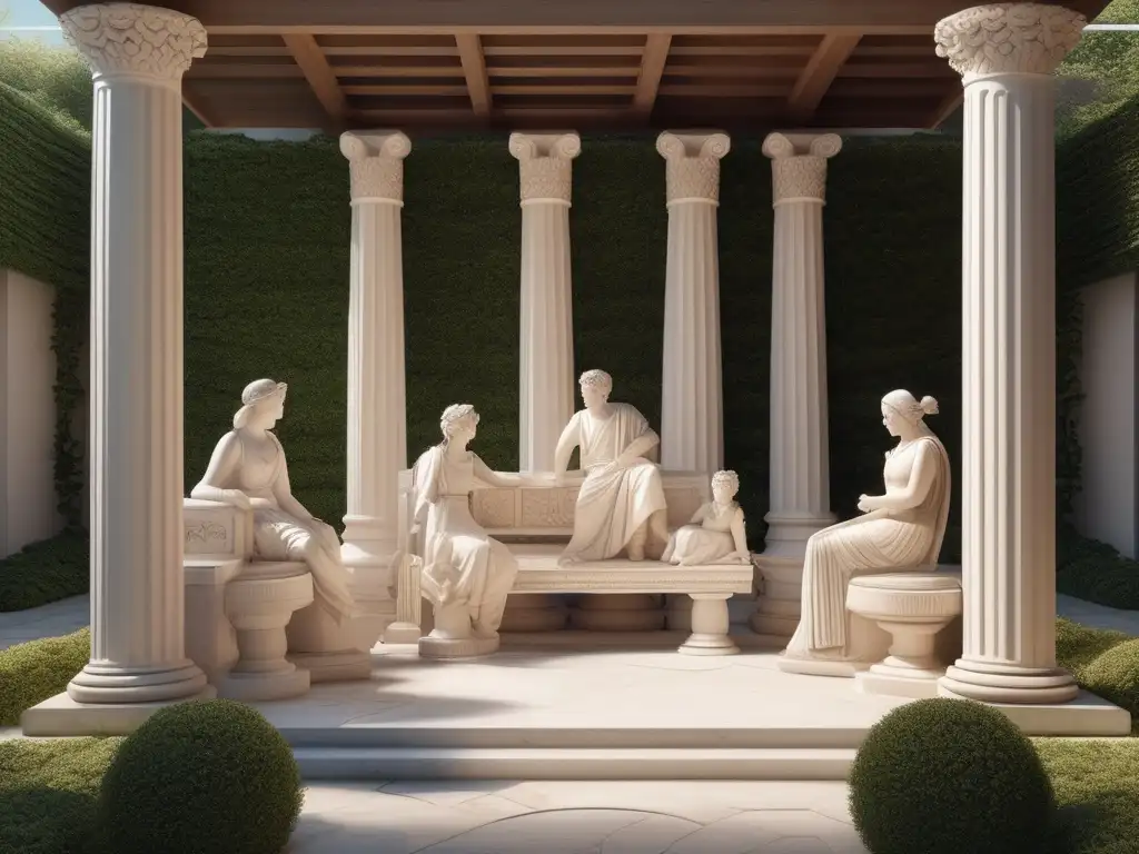 Sereno patio en la antigua Grecia con estatuas y pilares de mármol