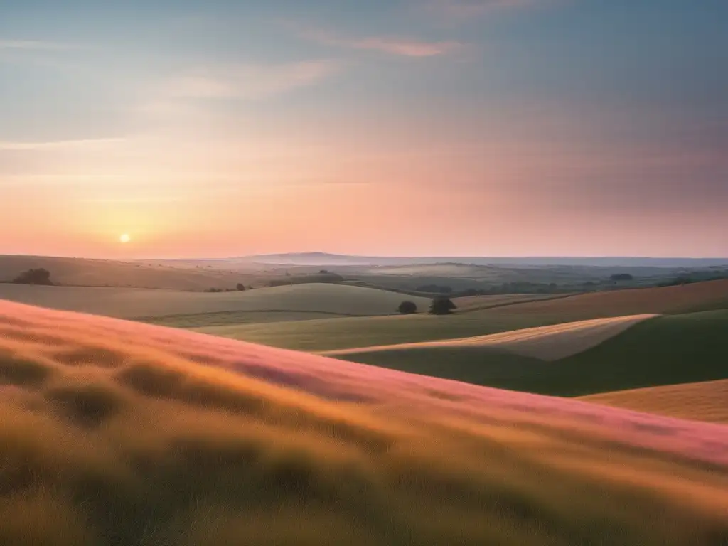 Paisaje sereno al amanecer con campo abierto, cielo pastel y árbol simbólico