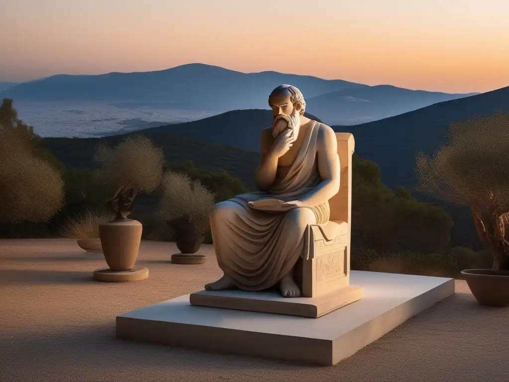 Influencia de Sócrates en filosofía: escultura de Sócrates en paisaje griego al amanecer