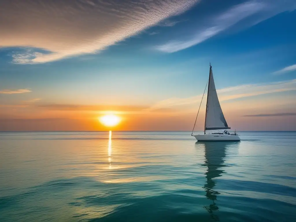 Imagen: Mar tranquilo con vela, reflejando influencia de los Dioses del Mar