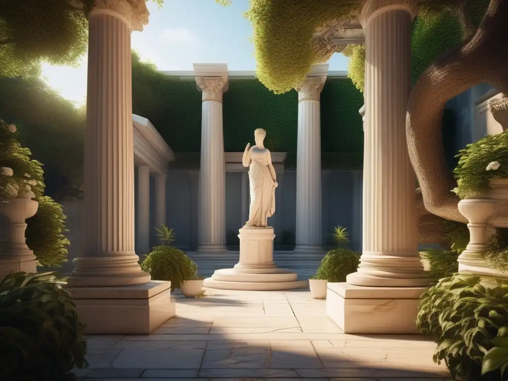 Concepto de familia en la antigua Grecia: Sereno patio rodeado de columnas de mármol, estatua de Afrodita y comunidad animada