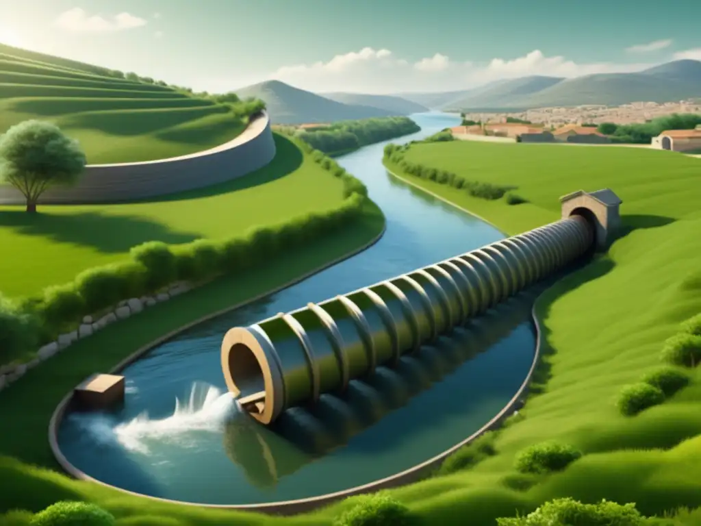 Utilización del tornillo de Arquímedes en Grecia: imagen detallada de un paisaje sereno con un tornillo de madera elevando agua de un río