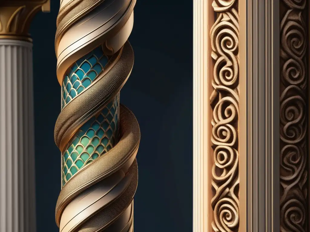 Significado serpiente en Grecia: serpiente majestuosa coiled alrededor de columna griega, simbolizando sabiduría y belleza