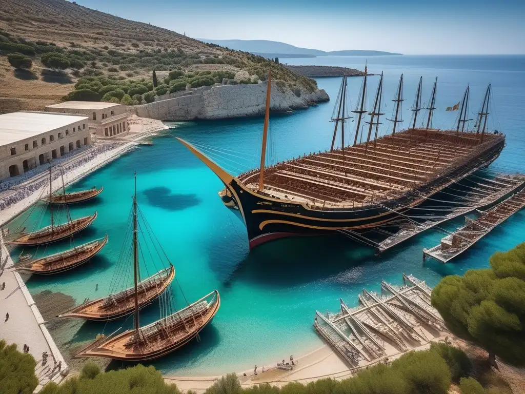 Técnicas de construcción naval en la Antigua Grecia: Astillero griego, agitado y pintoresco, con majestuosos trirremes en construcción