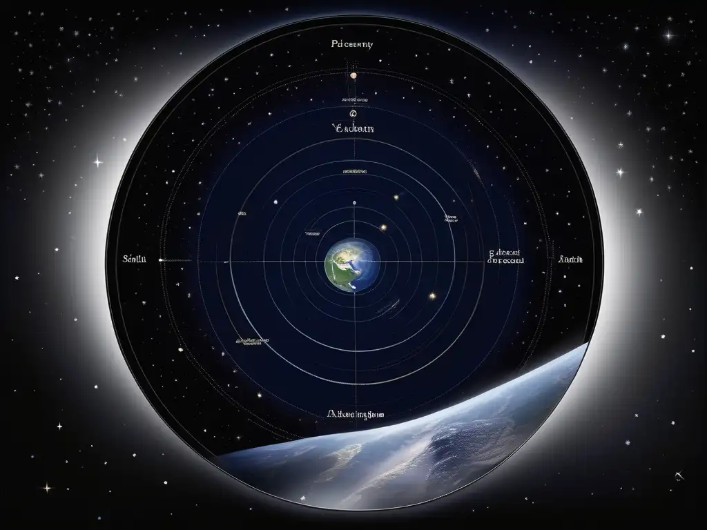 Avances científicos en la Antigua Grecia: Imagen de cielo nocturno con estrellas, constelaciones y el modelo geocéntrico propuesto por Ptolomeo