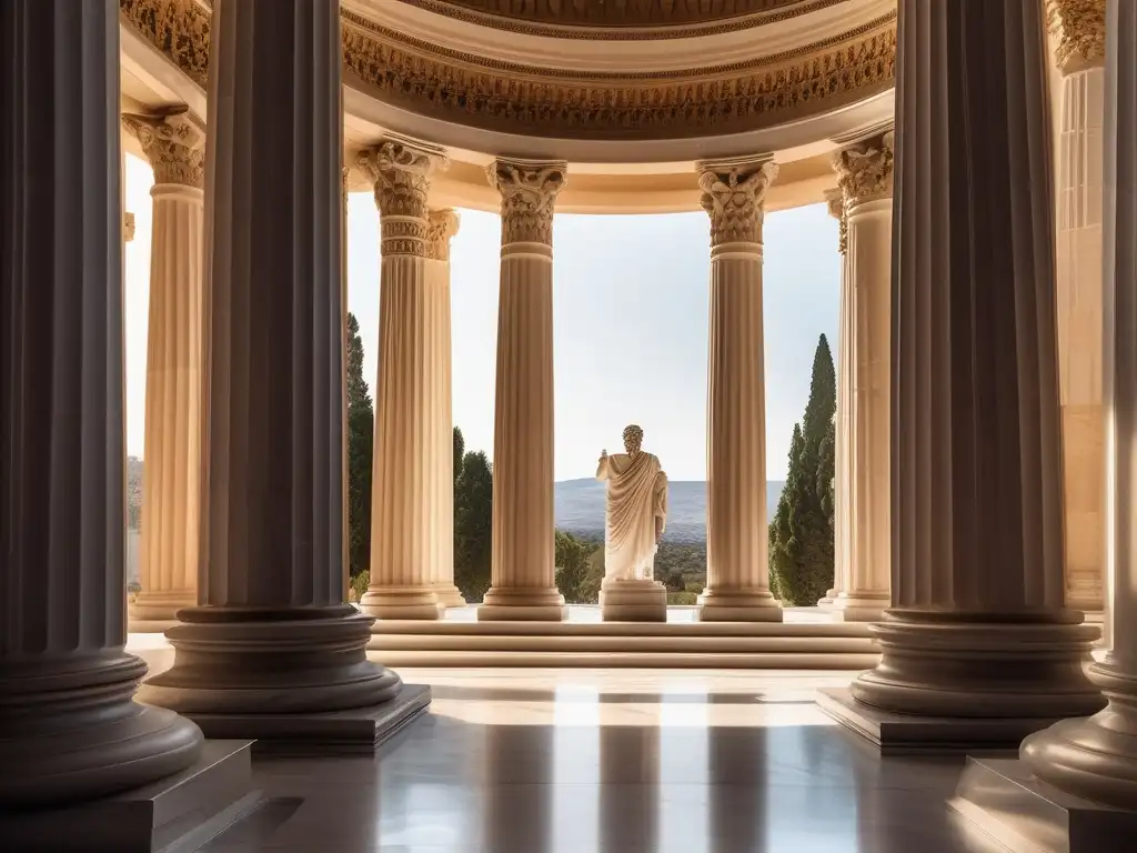 Influencia de Sócrates en filosofía: Sócrates en majestuosa sala griega, expresión contemplativa y toga blanca, resaltando su sabiduría y grandiosidad