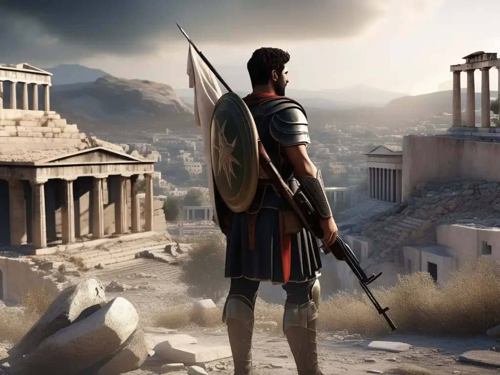 Consecuencias humanas de la guerra en la antigua Grecia: soldado solitario en ciudad devastada