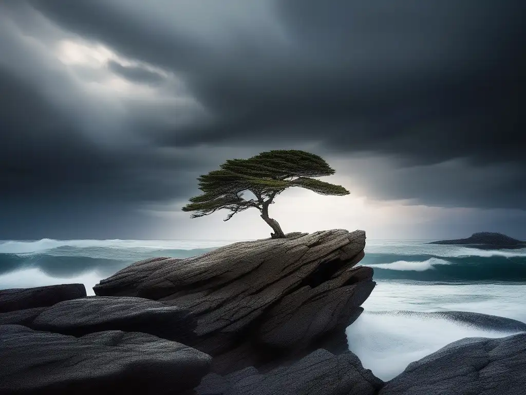 Filosofía estoica y destino desafiado: árbol solitario en acantilado, mar tumultuoso, nubes oscuras y fuerza resiliente