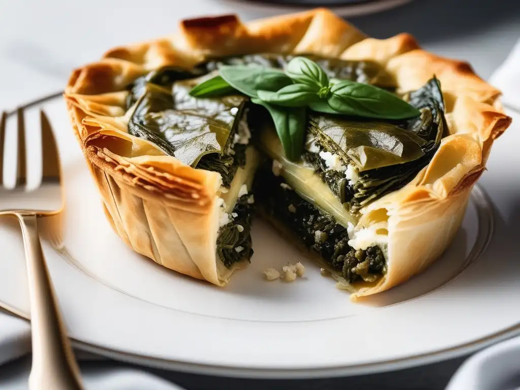 Deliciosa Spanakopita en plato blanco - Recetas de cocina antigua en Atenas