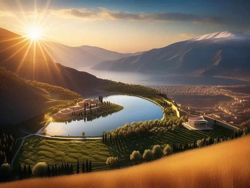 Vista impresionante de la antigua ciudad de Esparta al atardecer, rodeada de montañas nevadas y un lago sereno reflejando la belleza del paisaje