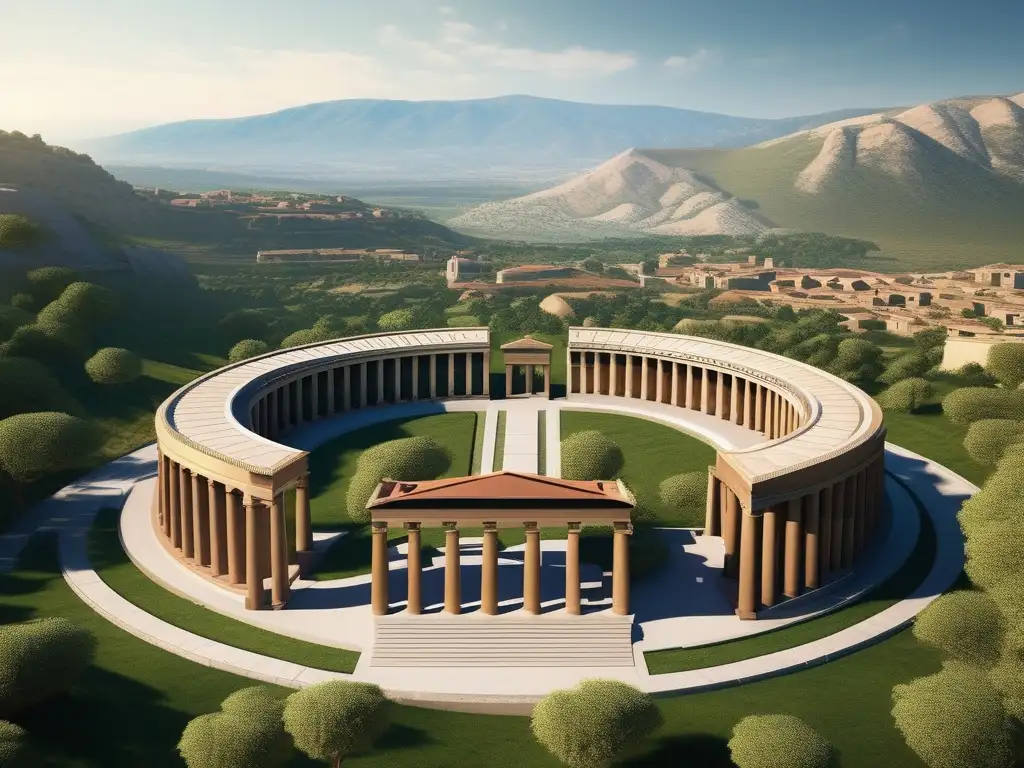 Imagen impactante de la antigua ciudad-estado de Esparta, con sus templos y murallas de piedra, guerreros espartanos en formación y emblema de unidad